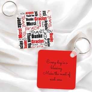 Porte-clés Typographie "Merci" multilingue noire rouge