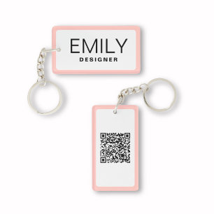 Porte-clés Typographie noire moderne Bordure rose Code QR