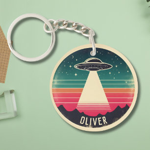 Porte-clés UFO Vintage Personnalisé au Coucher du Soleil