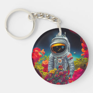 Porte-clés Un astronaute coloré dans l'espace avec des fleurs