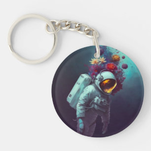 Porte-clés Un astronaute coloré dans l'espace avec des fleurs