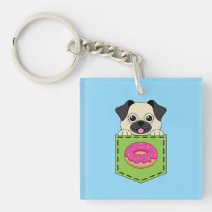Porte-clés Un chien mignon qui regarde et un donut aux fraise