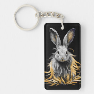 Porte-clés Un lapin gris génial en feu