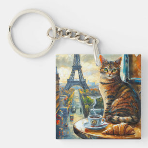 Porte-clés Un matin à Paris   Chat tigré dans un café
