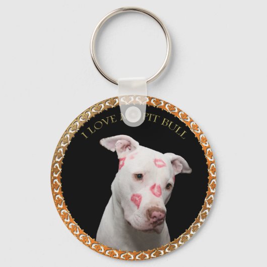 Porte-clés Un pitbull blanc avec des baisers rouges partout s (Recto)