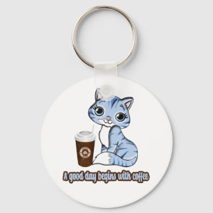 Porte-clés Une Bonne Journée Commence Avec Du Café Chats Et
