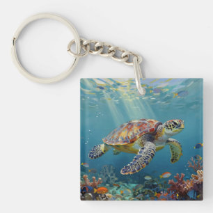 Porte-clés Une Tortue de Mer et des Rayons de Soleil dans l'O