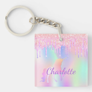 Porte-clés Unicorn rose violet nom holographique fille