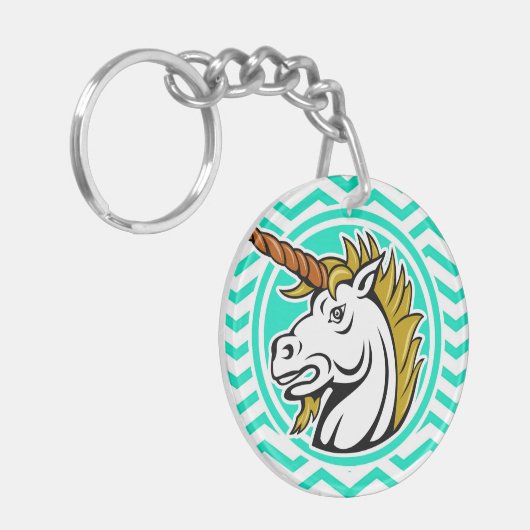 Porte-clés Unicorne en colère; Aqua Green Chevron (Devant gauche)