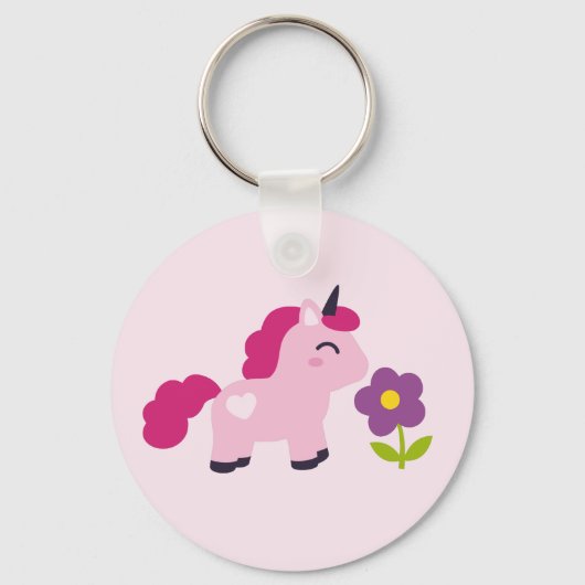 Porte-clés Unicorne rose mignonne avec une fleur (Recto)