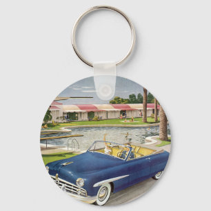Porte-clés Vacances d'été vintage, voiture décapotable et mot