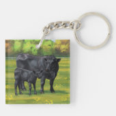 Porte-clés Vache d'Angus noir et veau mou en pâturage d'été (Dos)