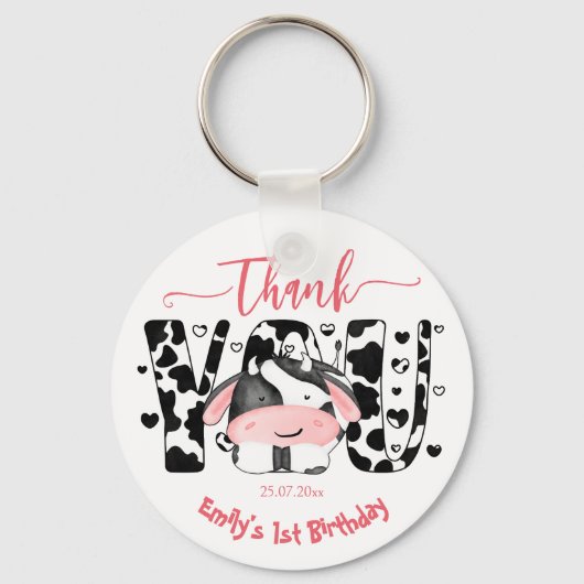 Porte-clés Vache de fête vache rose merci pour (Recto)