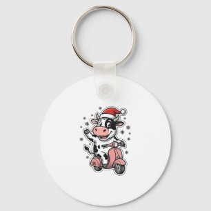 Porte-clés Vache de Noël à scooter rose vintage vecteur_1