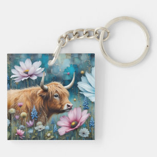 Porte-clés Vache des Highlands dans une tapisserie florale co