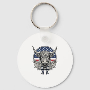 Porte-clés Vache des Highlands patriotique gravure vintage Ar
