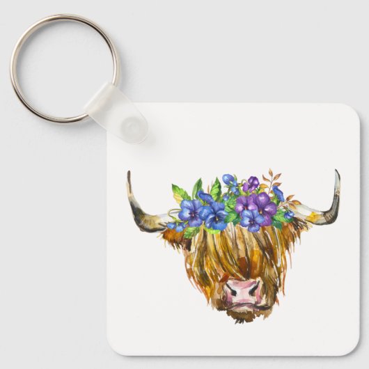 Porte-clés Vache écossaise avec fleurs Aquarelle (Recto)