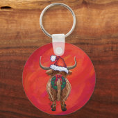 Porte-clés Vache Highland à Santa Hat sur Red (Verso)