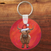 Porte-clés Vache Highland à Santa Hat sur Red (Recto)