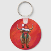 Porte-clés Vache Highland à Santa Hat sur Red (Verso)