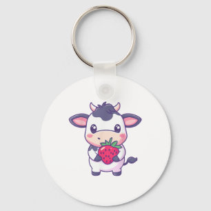 Porte-clés Vache Kawaii Cute Avec Des Fraises Béton Adorable