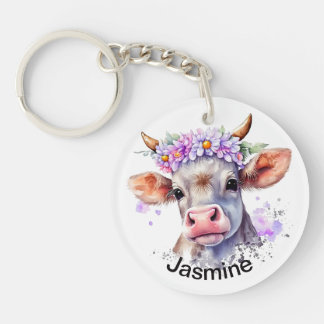Porte-clés Vache mignonne avec votre nom aquarelle florale fe