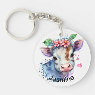 Porte-clés Vache mignonne avec votre nom aquarelle florale fe