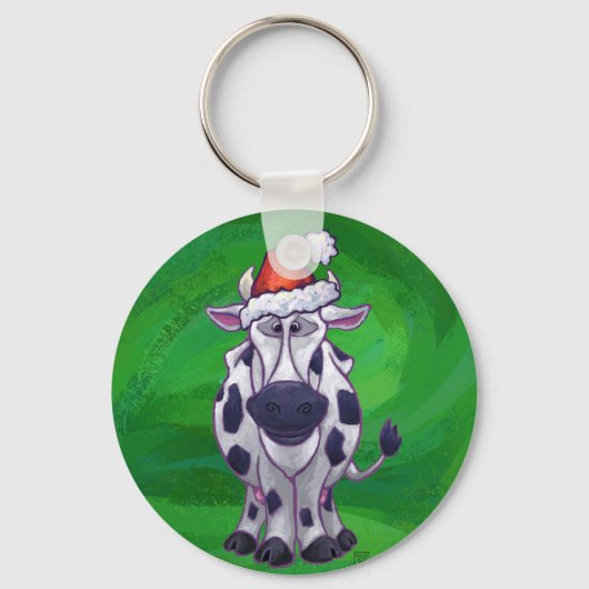 Porte-clés Vache Noël sur vert (Recto)