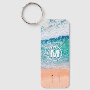 Porte-clés Vagues de plage, monogramme blanc dans un cercle
