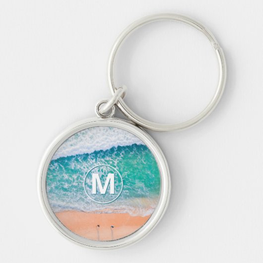 Porte-clés Vagues de plage, Monogramme blanc en cercle (Devant)