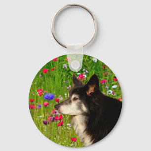 Porte-clés Valentine Frontière Collie avec de belles fleurs