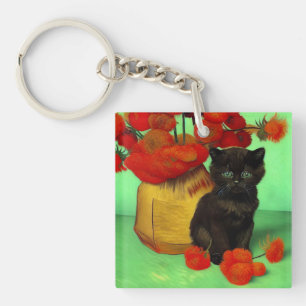 Porte-clés Van Gogh Black Kitten Fleurs rouges
