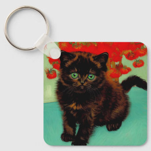 Porte-clés Van Gogh Chat noir Fleurs rouges