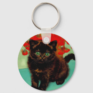 Porte-clés Van Gogh Chat noir Fleurs rouges