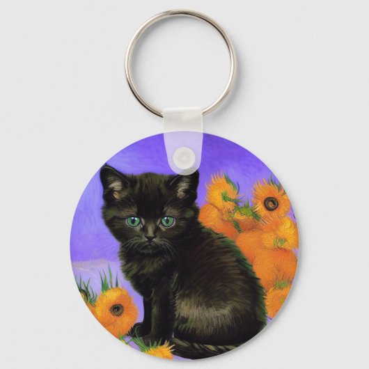 Porte-clés Van Gogh Kitten noir avec des tournesols (Recto)