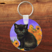 Porte-clés Van Gogh Kitten noir avec des tournesols (Recto)