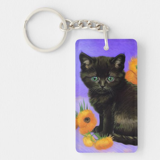 Porte-clés Van Gogh Kitten noir avec des tournesols (Devant)