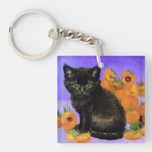 Porte-clés Van Gogh Kitten noir avec des tournesols (Devant)