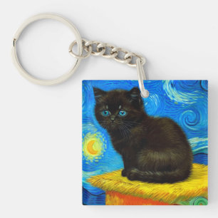 Porte-clés Van Gogh Style Starry Night Cat