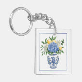 Porte-clés Vase Chinoiserie Bleu et Blanc avec hydrangées (Devant gauche)