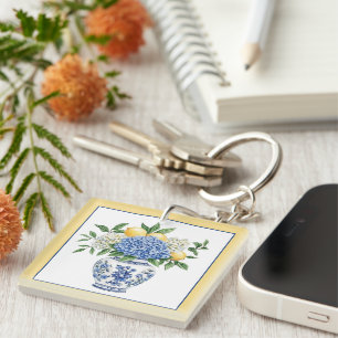 Porte-clés Vase Chinoiserie Bleu et Blanc avec hydrangées