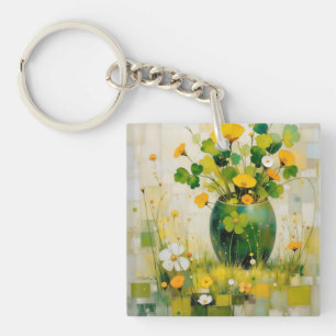 Porte-clés Vase vert de fleurs irlandaises et trèfles