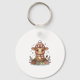 Porte-clés Veau de Noël mignon avec cadeaux Vintage Vector_1