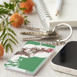 Porte-clés Veille de Noël vintage, Père Noël rétro en traînea