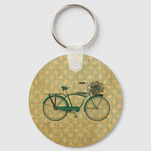 Porte-clés Vélo vert rétro avec panier à fleurs (Recto)