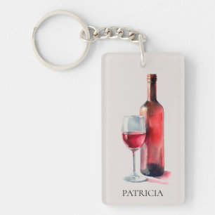 Porte-clés Verre à vin rouge personnalisé à l'aquarelle rusti