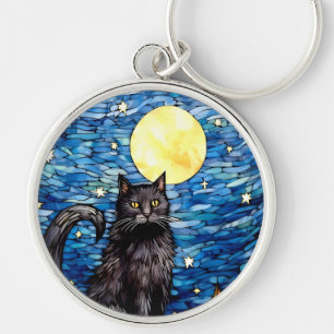 Porte-clés Verre tendu Chat noir Starry nuit