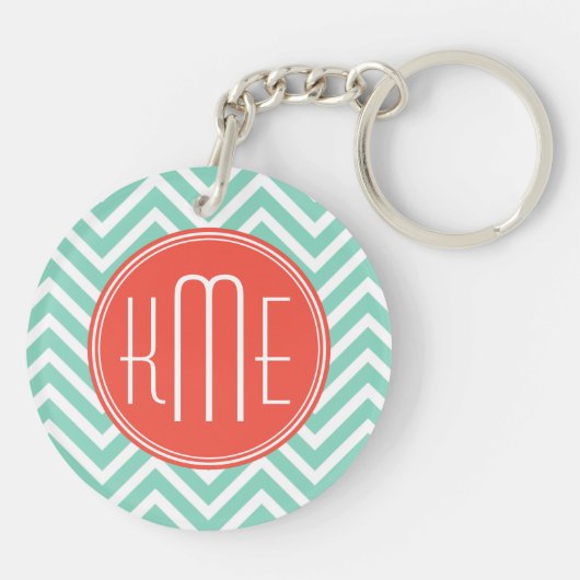 Porte-clés Vert chic Chevron d'Aqua et monogramme fait sur (Dos)