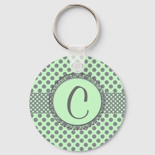 Porte-clés Vert menthe avec Pois gris-Monogramme STaylor (Recto)