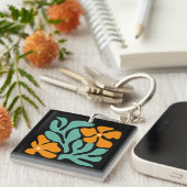 Porte-clés Vert & Orange Floral Abstrait Moderne (Devant Droit)
